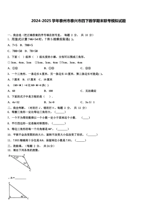 2024-2025学年泰州市泰兴市四下数学期末联考模拟试题含解析