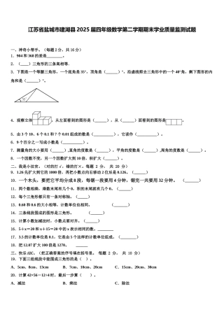 江苏省盐城市建湖县2025届四年级数学第二学期期末学业质量监测试题含解析