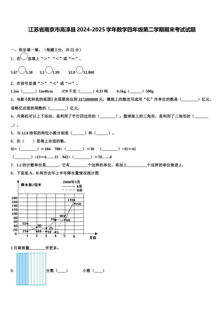 江苏省南京市高淳县2024-2025学年数学四年级第二学期期末考试试题含解析_第1页
