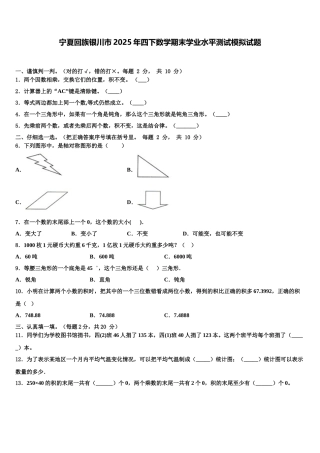 宁夏回族银川市2025年四下数学期末学业水平测试模拟试题含解析