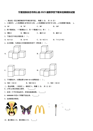 宁夏回族吴忠市同心县2025届数学四下期末经典模拟试题含解析
