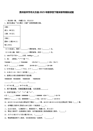 贵州省毕节市大方县2025年数学四下期末联考模拟试题含解析