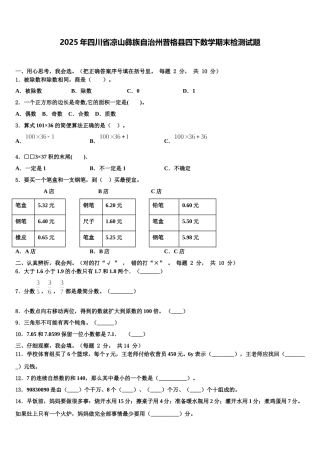 2025年四川省凉山彝族自治州普格县四下数学期末检测试题含解析