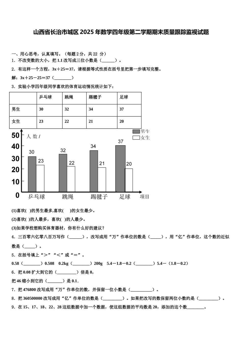 山西省长治市城区2025年数学四年级第二学期期末质量跟踪监视试题含解析_第1页