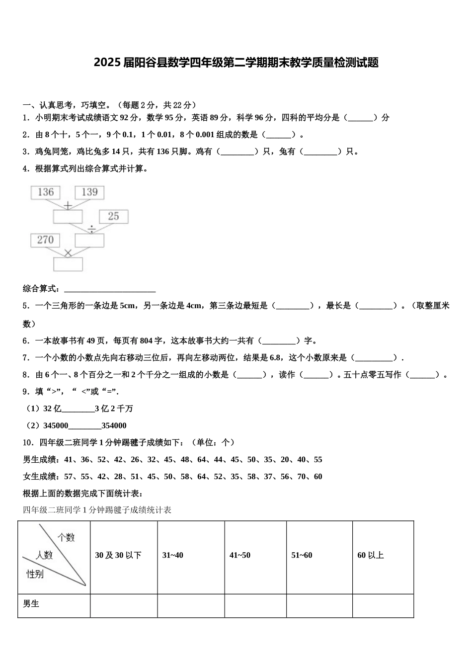 2025届阳谷县数学四年级第二学期期末教学质量检测试题含解析_第1页