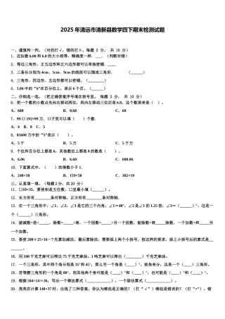 2025年清远市清新县数学四下期末检测试题含解析