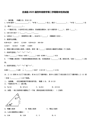 合浦县2025届四年级数学第二学期期末检测试题含解析