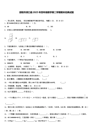 邵阳市洞口县2025年四年级数学第二学期期末经典试题含解析