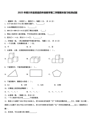 2025年铜川市宜君县四年级数学第二学期期末复习检测试题含解析