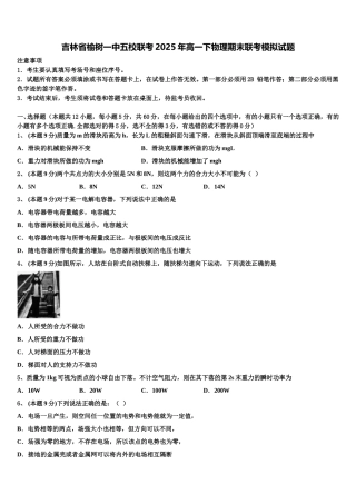 吉林省榆树一中五校联考2025年高一下物理期末联考模拟试题含解析