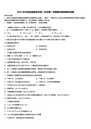 2025年甘肃省嘉峪关市高一化学第一学期期中调研模拟试题含解析