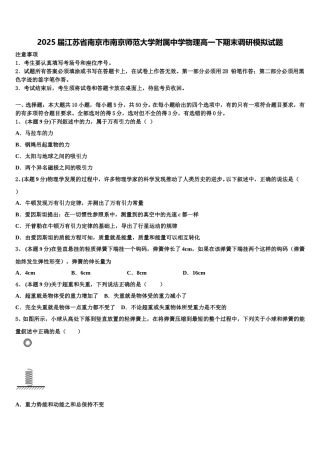 2025届江苏省南京市南京师范大学附属中学物理高一下期末调研模拟试题含解析