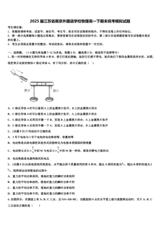 2025届江苏省南京外国语学校物理高一下期末统考模拟试题含解析