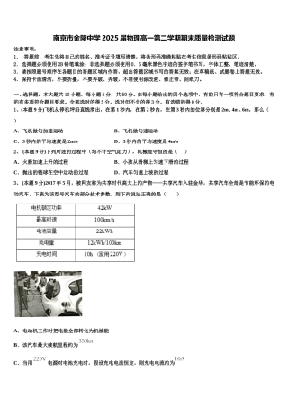 南京市金陵中学2025届物理高一第二学期期末质量检测试题含解析
