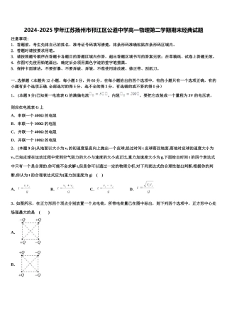 2024-2025学年江苏扬州市邗江区公道中学高一物理第二学期期末经典试题含解析