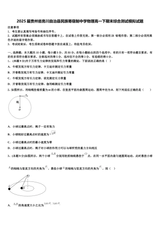 2025届贵州省务川自治县民族寄宿制中学物理高一下期末综合测试模拟试题含解析