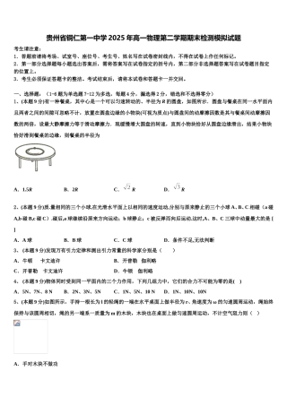 贵州省铜仁第一中学2025年高一物理第二学期期末检测模拟试题含解析