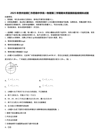 2025年贵州省铜仁市思南中学高一物理第二学期期末质量跟踪监视模拟试题含解析
