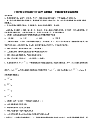 上海市复旦附中浦东分校2025年物理高一下期末学业质量监测试题含解析