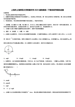上海市上海师范大学附属中学2025届物理高一下期末联考模拟试题含解析