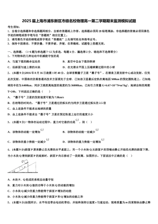 2025届上海市浦东新区市级名校物理高一第二学期期末监测模拟试题含解析