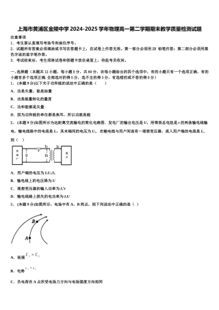 上海市黄浦区金陵中学2024-2025学年物理高一第二学期期末教学质量检测试题含解析