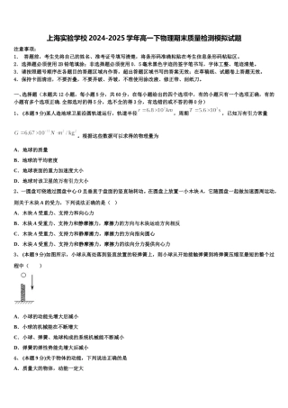 上海实验学校2024-2025学年高一下物理期末质量检测模拟试题含解析