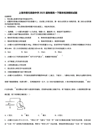 上海市晋元高级中学2025届物理高一下期末检测模拟试题含解析