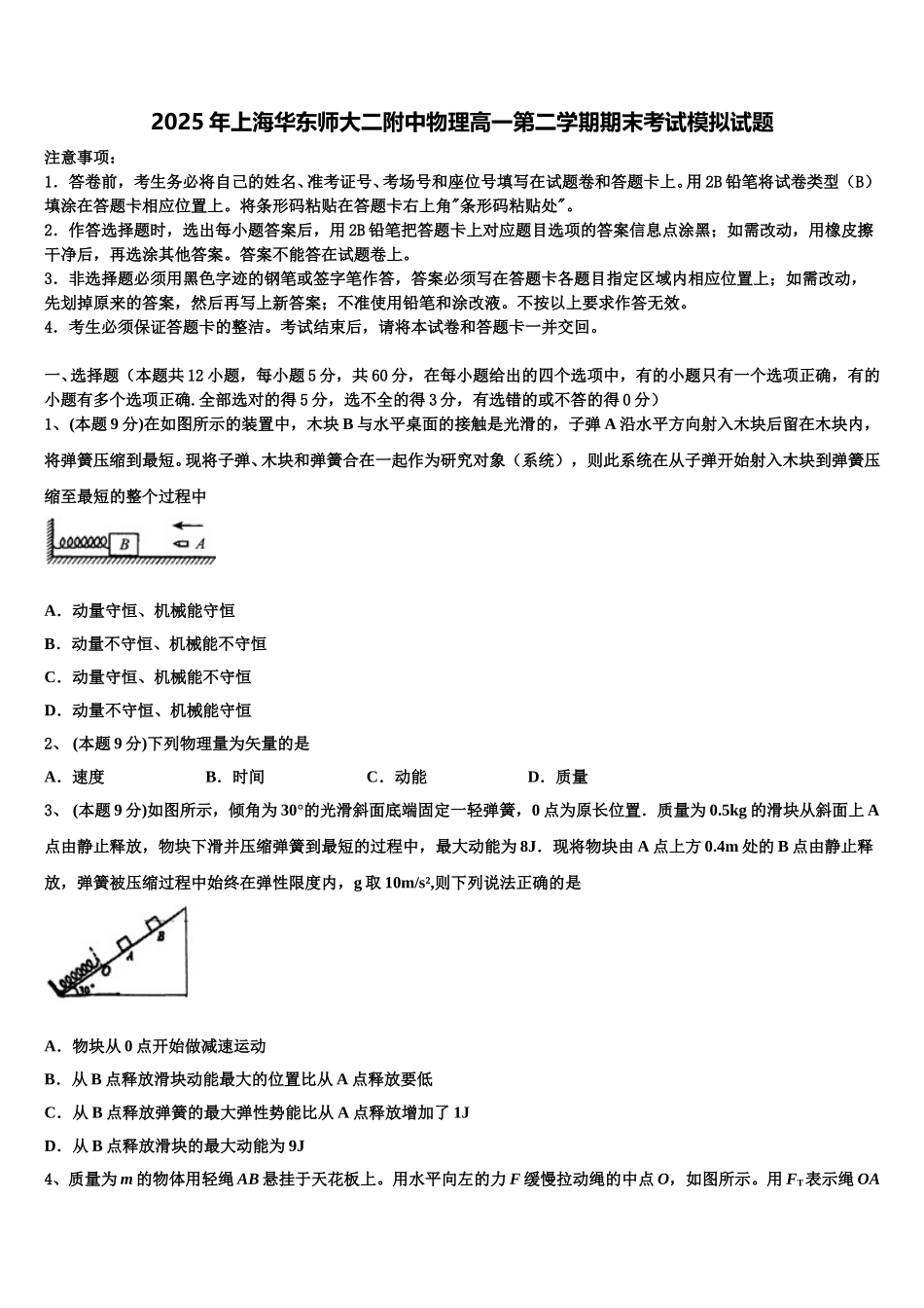 2025年上海华东师大二附中物理高一第二学期期末考试模拟试题含解析_第1页