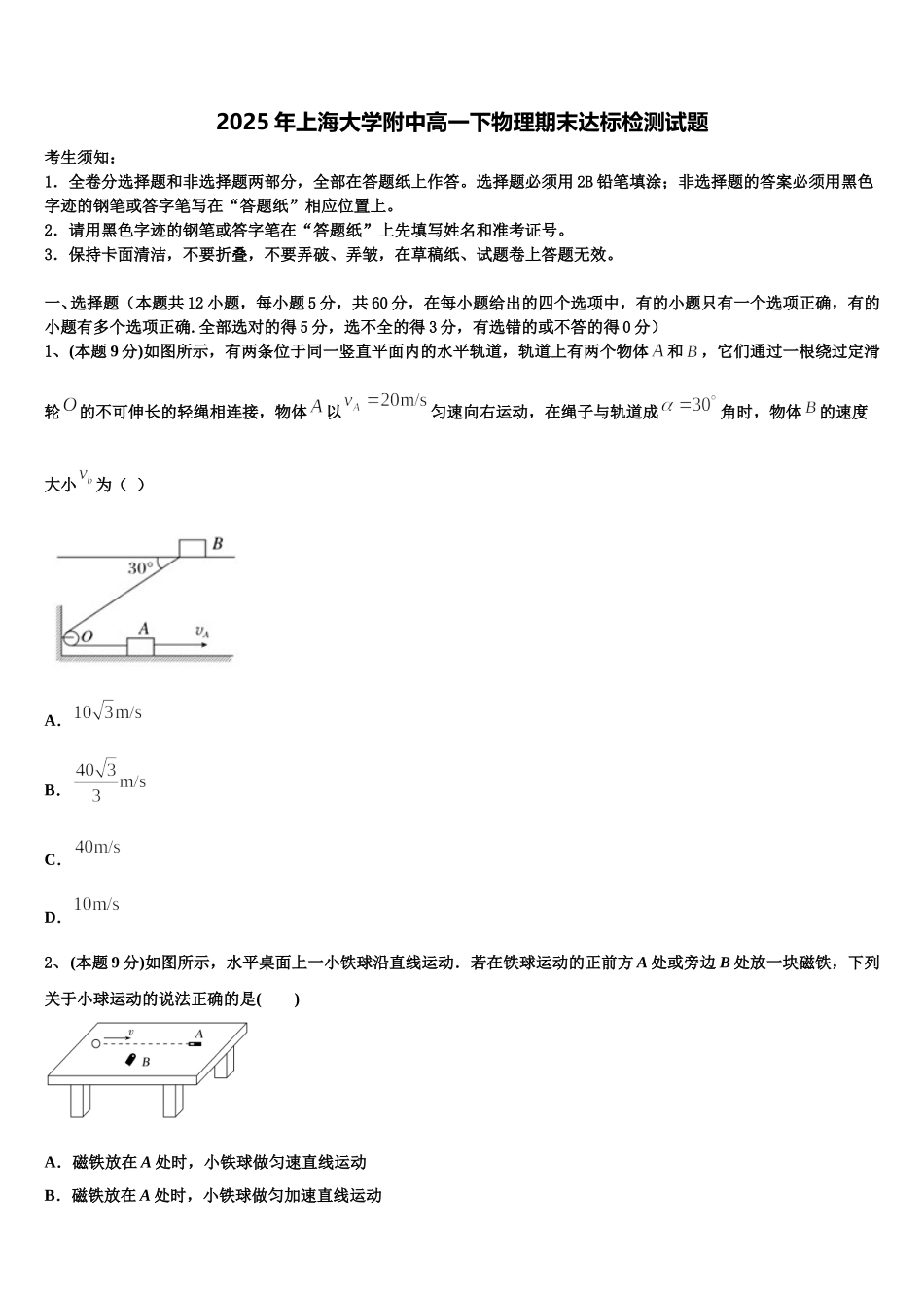 2025年上海大学附中高一下物理期末达标检测试题含解析_第1页