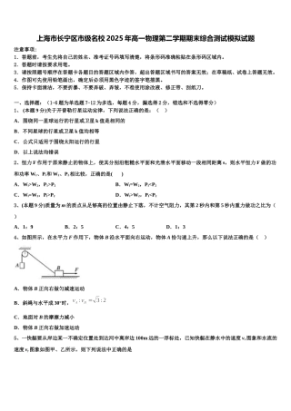 上海市长宁区市级名校2025年高一物理第二学期期末综合测试模拟试题含解析
