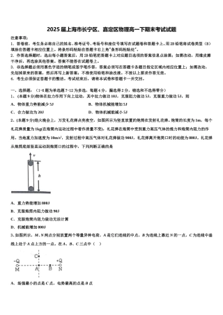 2025届上海市长宁区、嘉定区物理高一下期末考试试题含解析