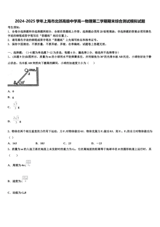 2024-2025学年上海市北郊高级中学高一物理第二学期期末综合测试模拟试题含解析