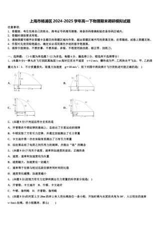 上海市杨浦区2024-2025学年高一下物理期末调研模拟试题含解析