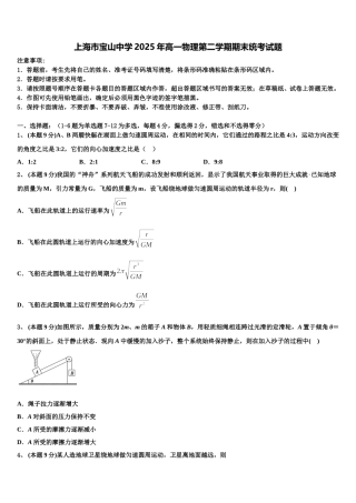 上海市宝山中学2025年高一物理第二学期期末统考试题含解析