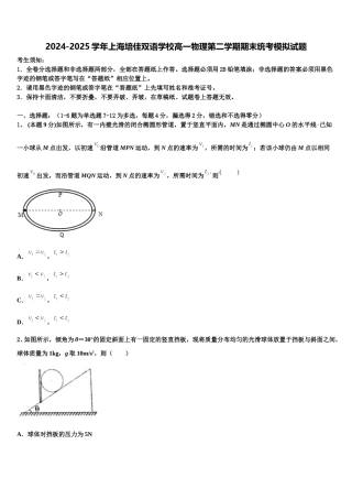 2024-2025学年上海培佳双语学校高一物理第二学期期末统考模拟试题含解析