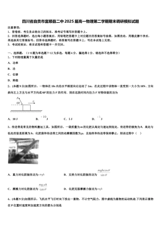 四川省自贡市富顺县二中2025届高一物理第二学期期末调研模拟试题含解析