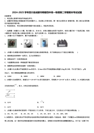 2024-2025学年四川省成都市郫都四中高一物理第二学期期末考试试题含解析