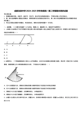 成都龙泉中学2024-2025学年物理高一第二学期期末调研试题含解析