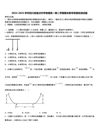 2024-2025学年四川省重点中学物理高一第二学期期末教学质量检测试题含解析