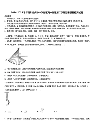 2024-2025学年四川省阆中中学新区高一物理第二学期期末质量检测试题含解析