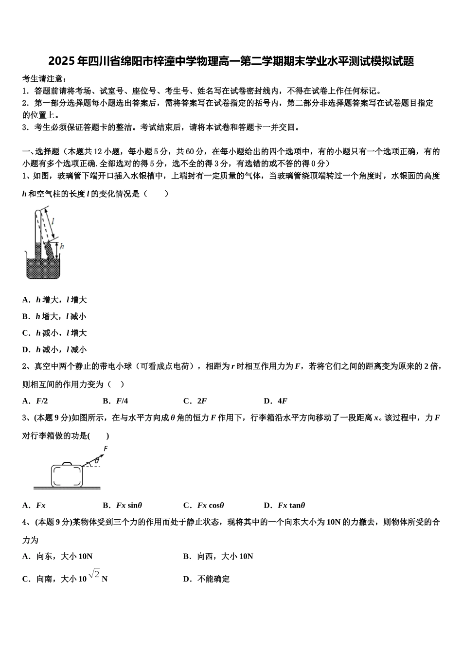 2025年四川省绵阳市梓潼中学物理高一第二学期期末学业水平测试模拟试题含解析_第1页