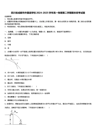 四川省成都市外国语学校2024-2025学年高一物理第二学期期末统考试题含解析