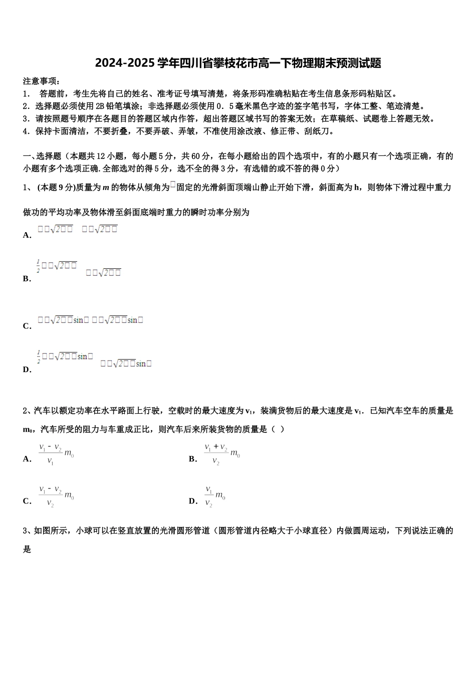 2024-2025学年四川省攀枝花市高一下物理期末预测试题含解析_第1页
