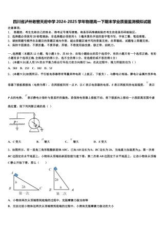 四川省泸州老窖天府中学2024-2025学年物理高一下期末学业质量监测模拟试题含解析