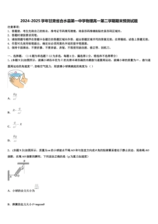 2024-2025学年甘肃省合水县第一中学物理高一第二学期期末预测试题含解析