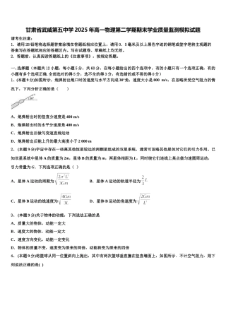 甘肃省武威第五中学2025年高一物理第二学期期末学业质量监测模拟试题含解析