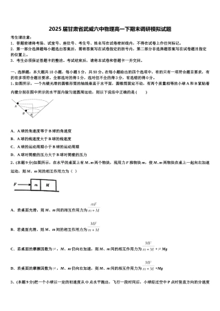 2025届甘肃省武威六中物理高一下期末调研模拟试题含解析