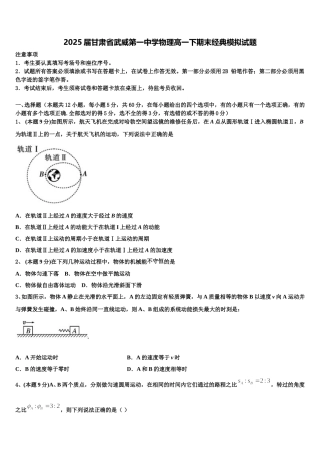 2025届甘肃省武威第一中学物理高一下期末经典模拟试题含解析