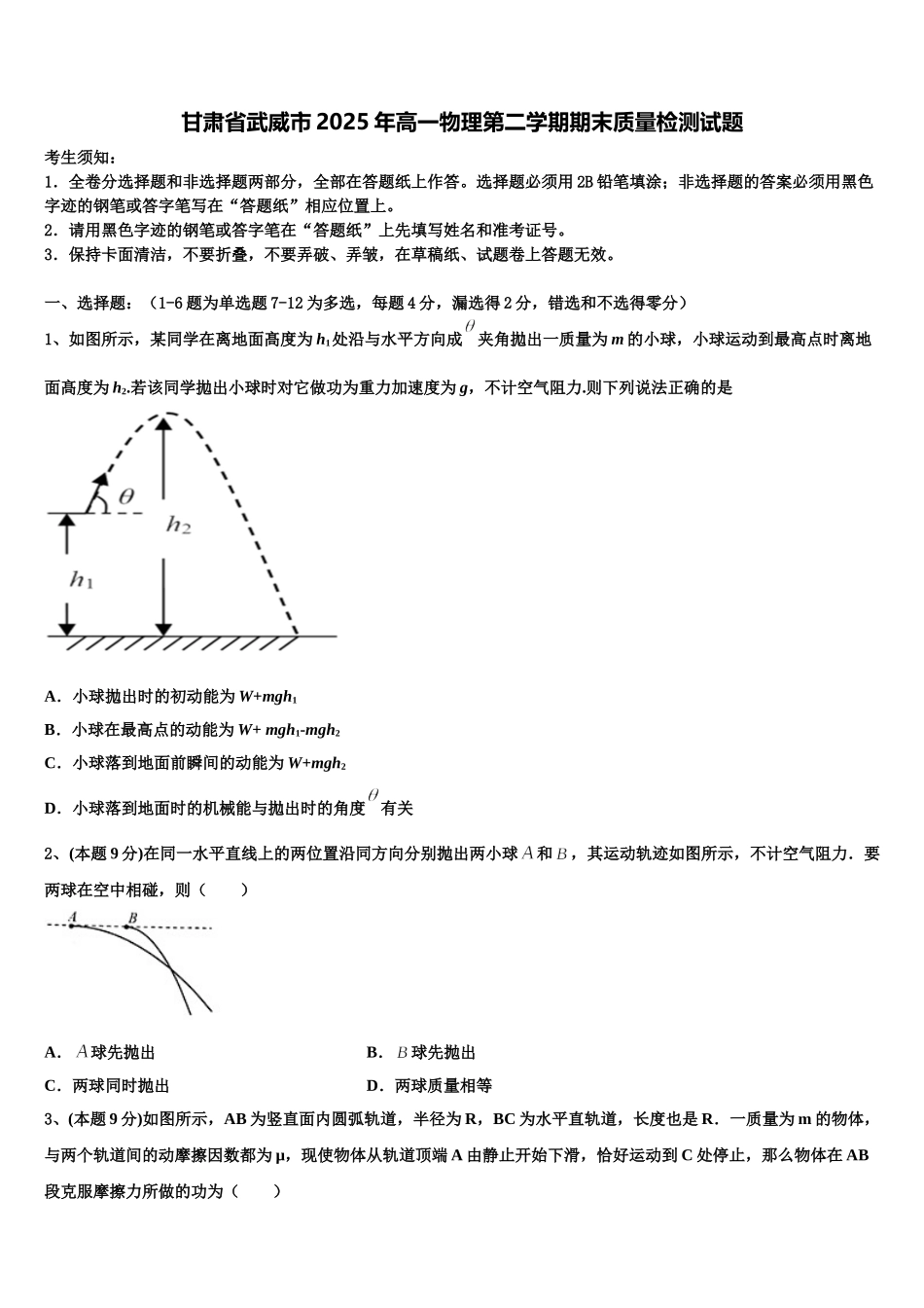 甘肃省武威市2025年高一物理第二学期期末质量检测试题含解析_第1页